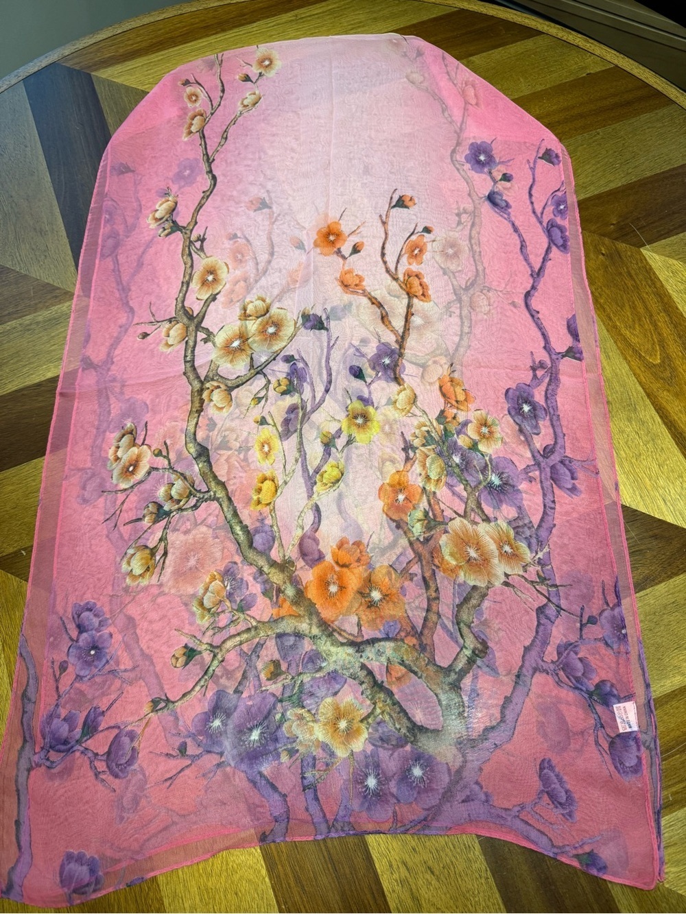 Floral Pink Sheer Scarf with Orange & Purple Blossoms